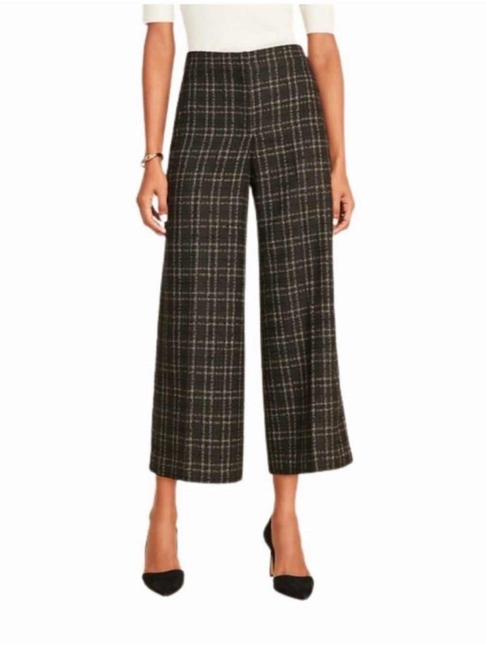Ann Taylor Black & Ivory Plaid Cropped Wide-Leg Pants